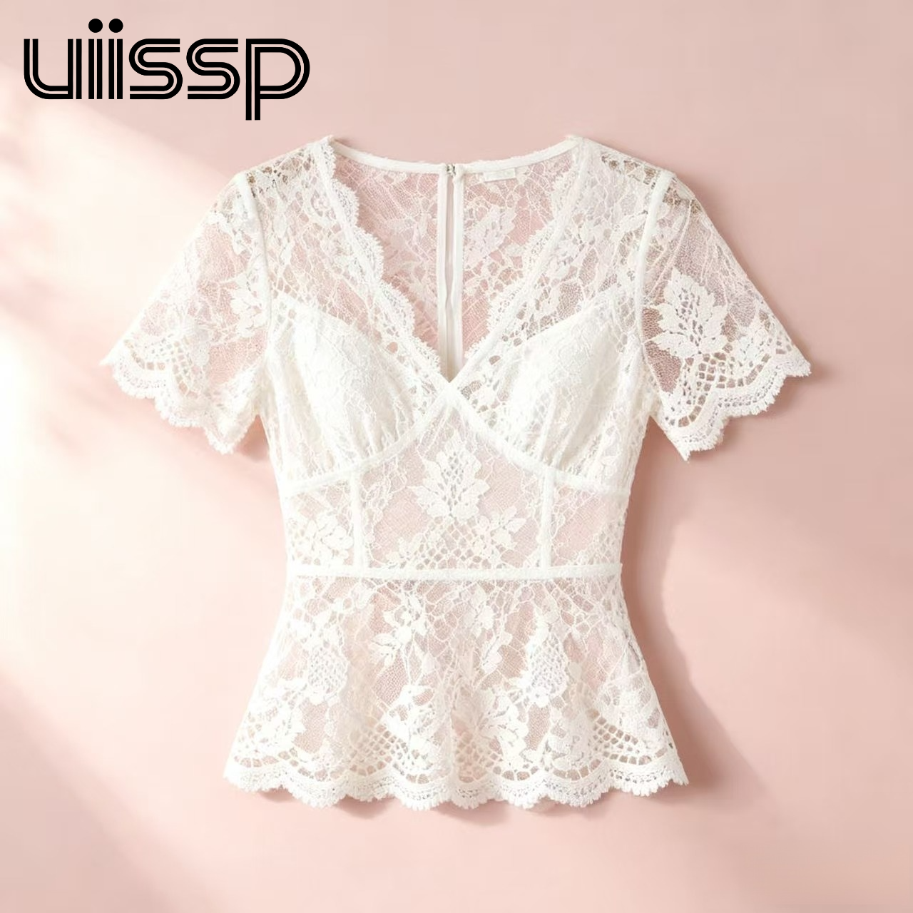 여성용 한국 스타일 슬림핏 반팔 레이스 탑