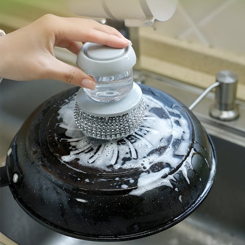 Multifunctional Kitchen Cleaning Brush with Soap Dispenser Short Handle Sponge Wire Ball