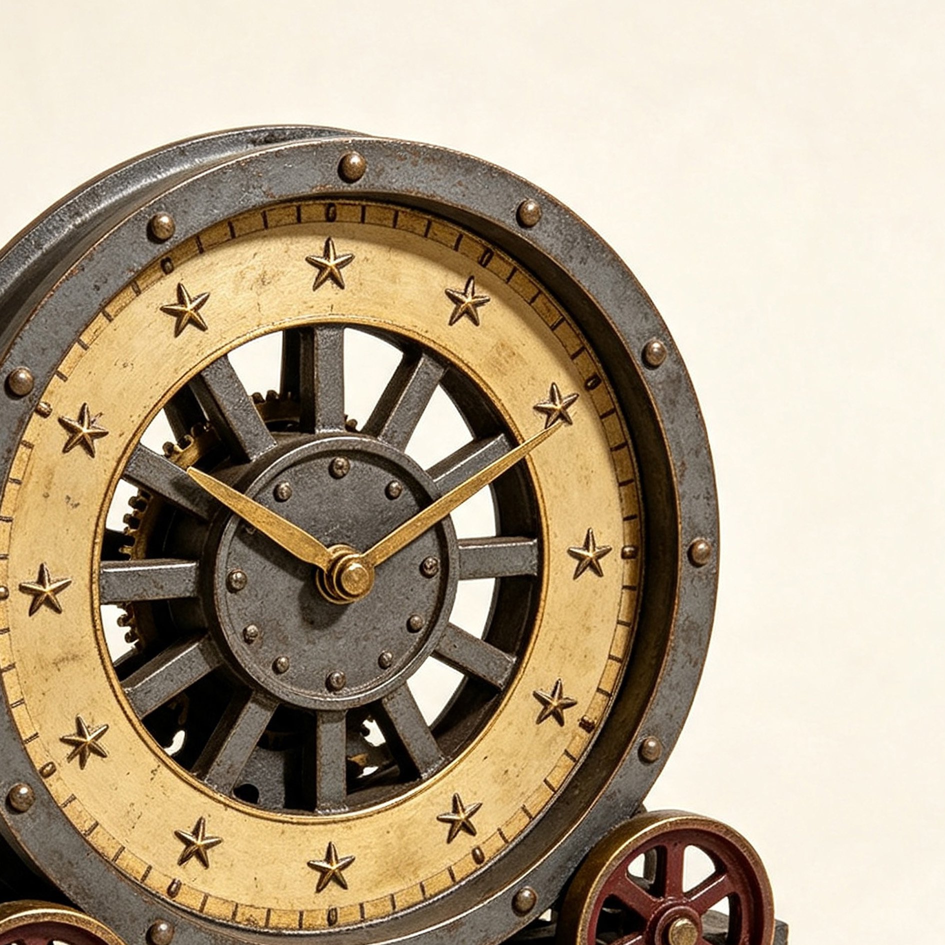Vintage wheel-rail star pattern clock front view