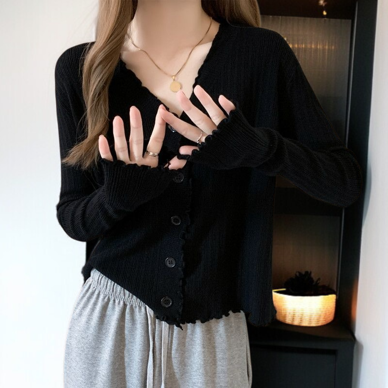 レディース ニット カーディガン ジャケット Vネック 長袖 トップス ニット カーディガン ジャケット レディース 木耳 エッジ スリム 大きいサイズ 長袖 トップス