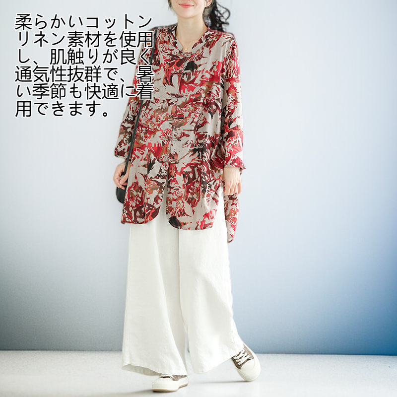 レディース レトロ コットンリネン プリントトップス