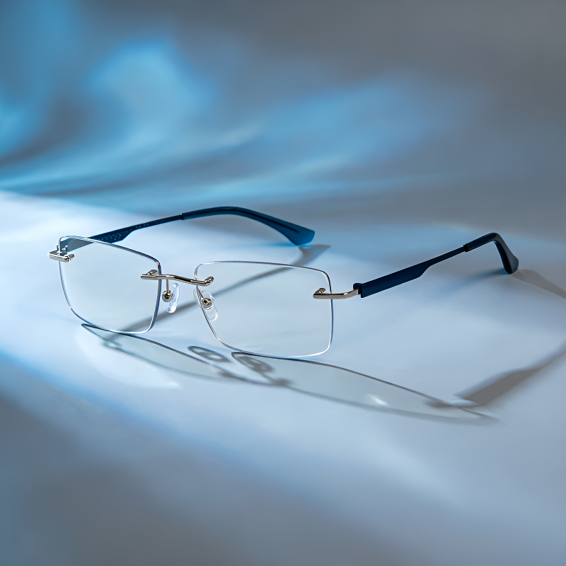 Eine rahmenlose, hochwertige Lesebrille mit diamantgeschliffenen Kanten im klassischen Design, die f