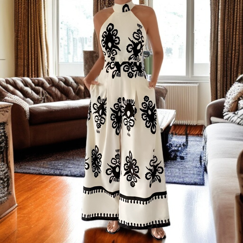 여름 패션 라운드넥 타이업 프린트 점프수트, 슬림핏
