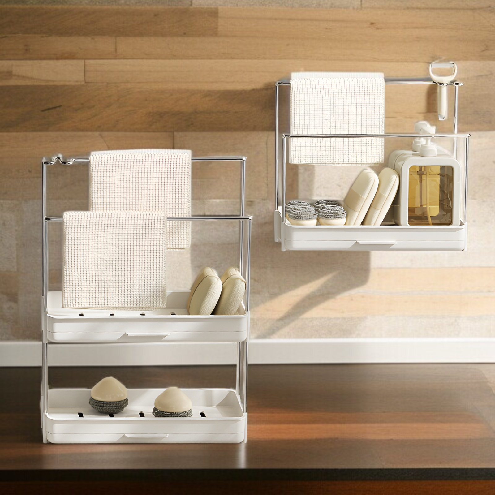 雑巾ラック 排水ラック キッチン用品ラック スポンジ 排水収納 吊り下げタオル 多機能 カウンタートップシンク