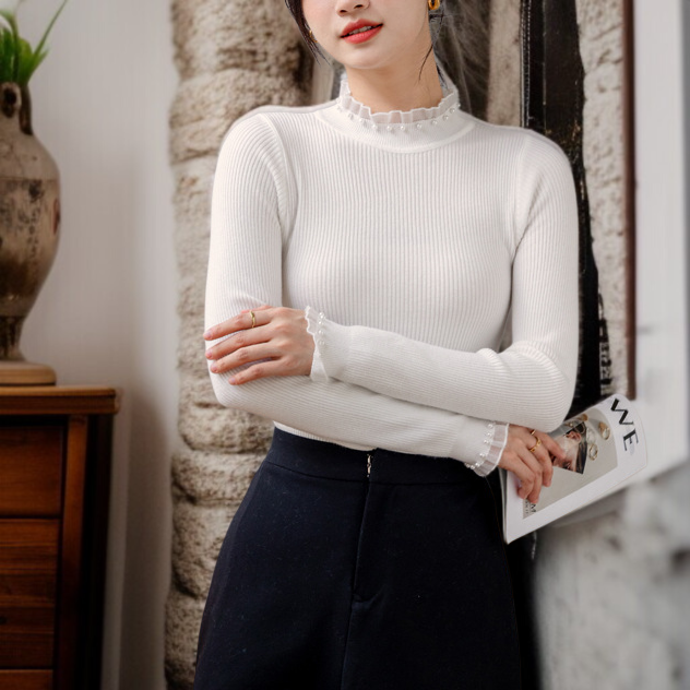 여성 블랙 루즈핏 니트 이너 반폴라 니트 레이스 이너 루즈핏 니트 풀오버 니트