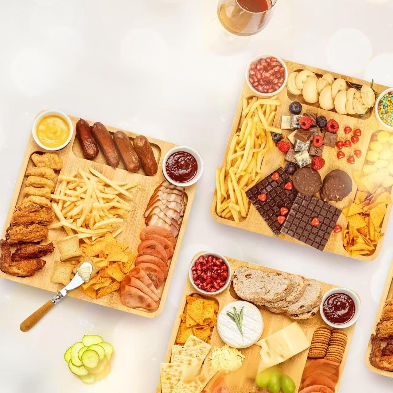 Bambusový podnos s víkem, rozdělený talíř na dezerty, ovoce, sýry a steaky