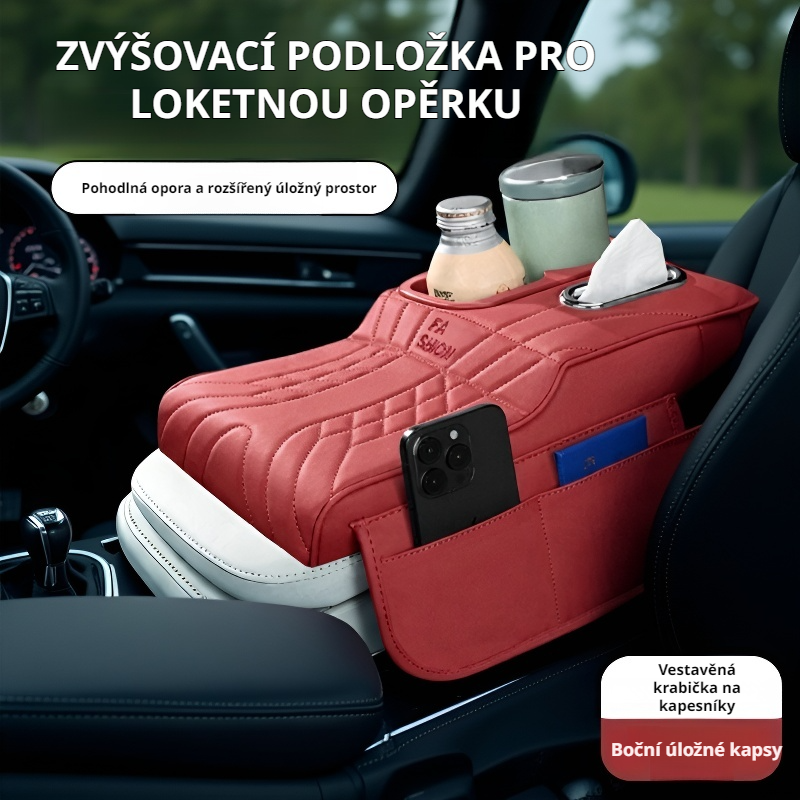 Čalouněná opěrka do auta s úložnými kapsami a držákem na nápoje