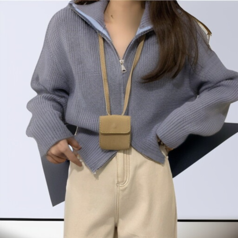 كنزة صوفية نسائية بتصميم كوري، بياقة عالية وسحاب، مثالية لخريف وشتاء