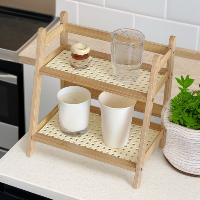 더블 레이어 라탄 컵 홀더 수납 선반