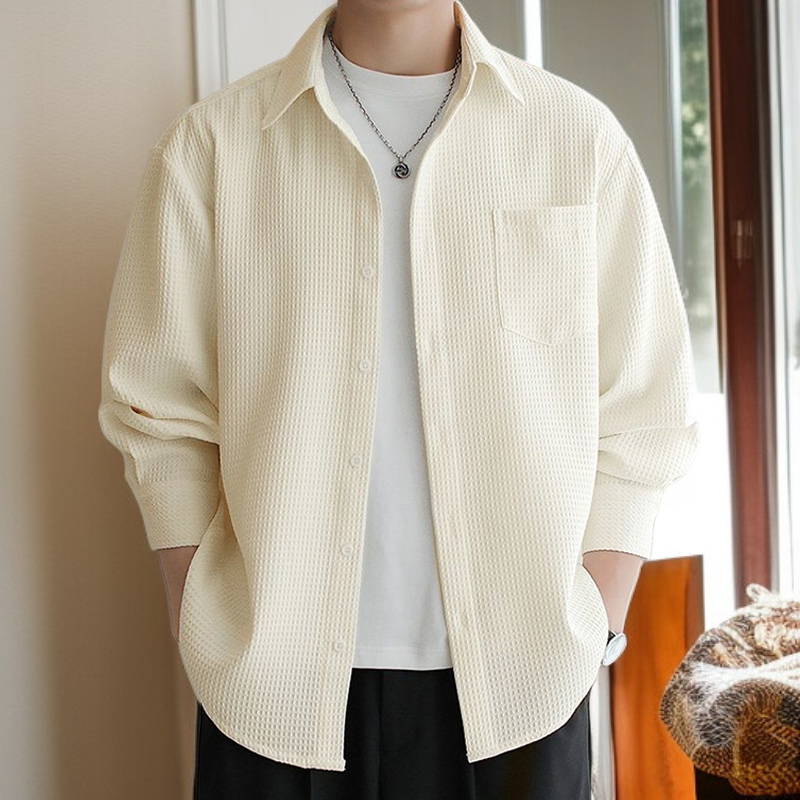 メンズ長袖ワッフルルーズフィットシャツ
