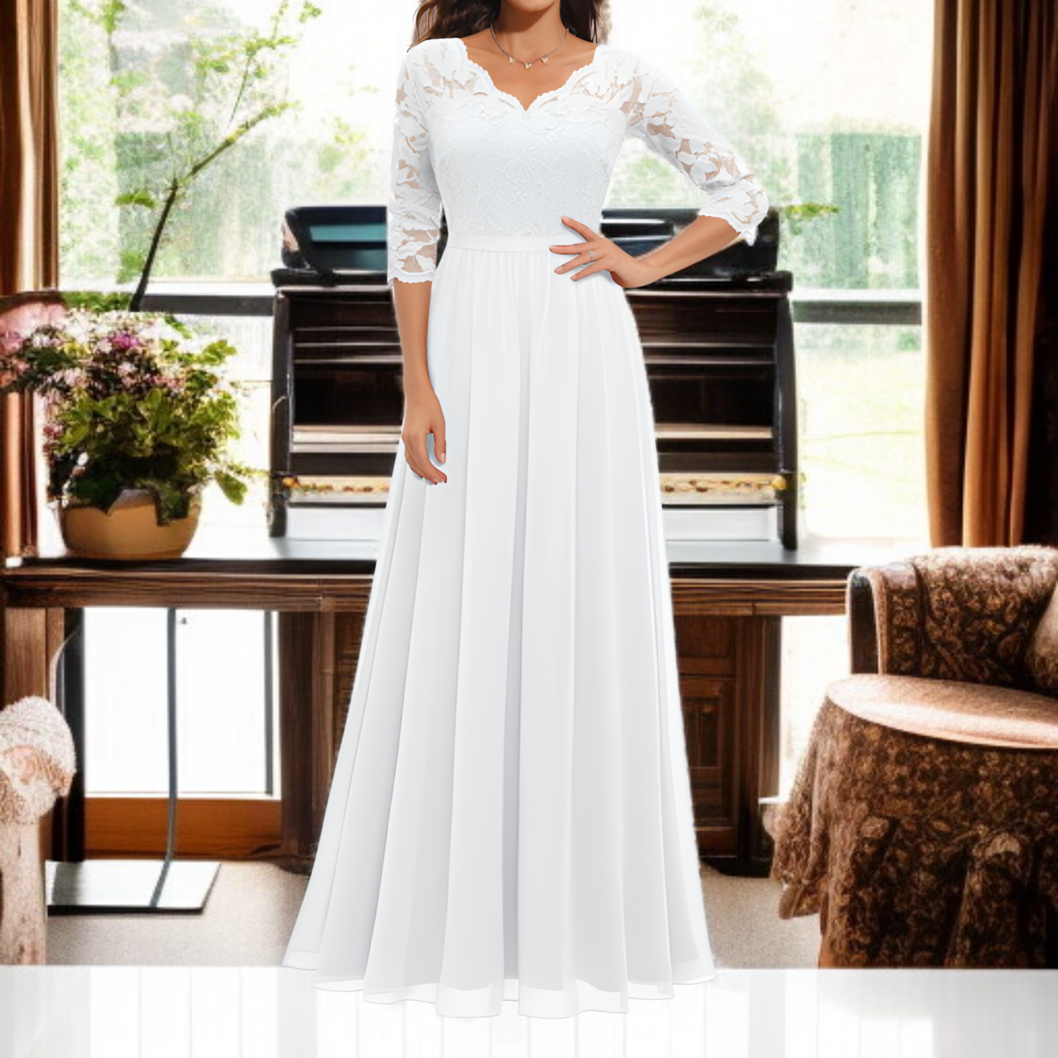 ウエストにフィットした、エレガントで洗練されたレーストリムの新作ロングドレス。