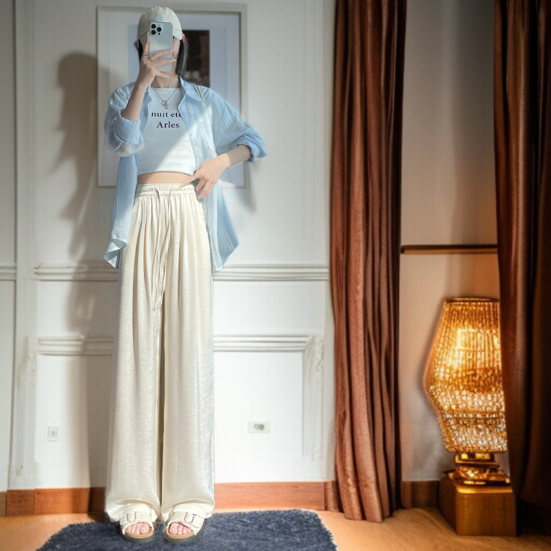 산뜻한 통기성 와이드 팬츠 슬림핏 아이스 와이드 팬츠 봄여름 하이웨스트 얇은 캐주얼 팬츠 여 드롭 자카드 와이드 팬츠