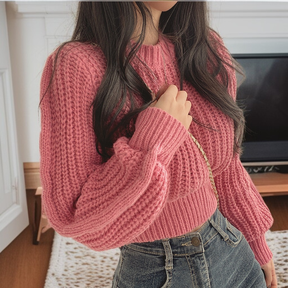 Lockerer Damen Pullover mit Puffärmeln, modischer Strickoberteil