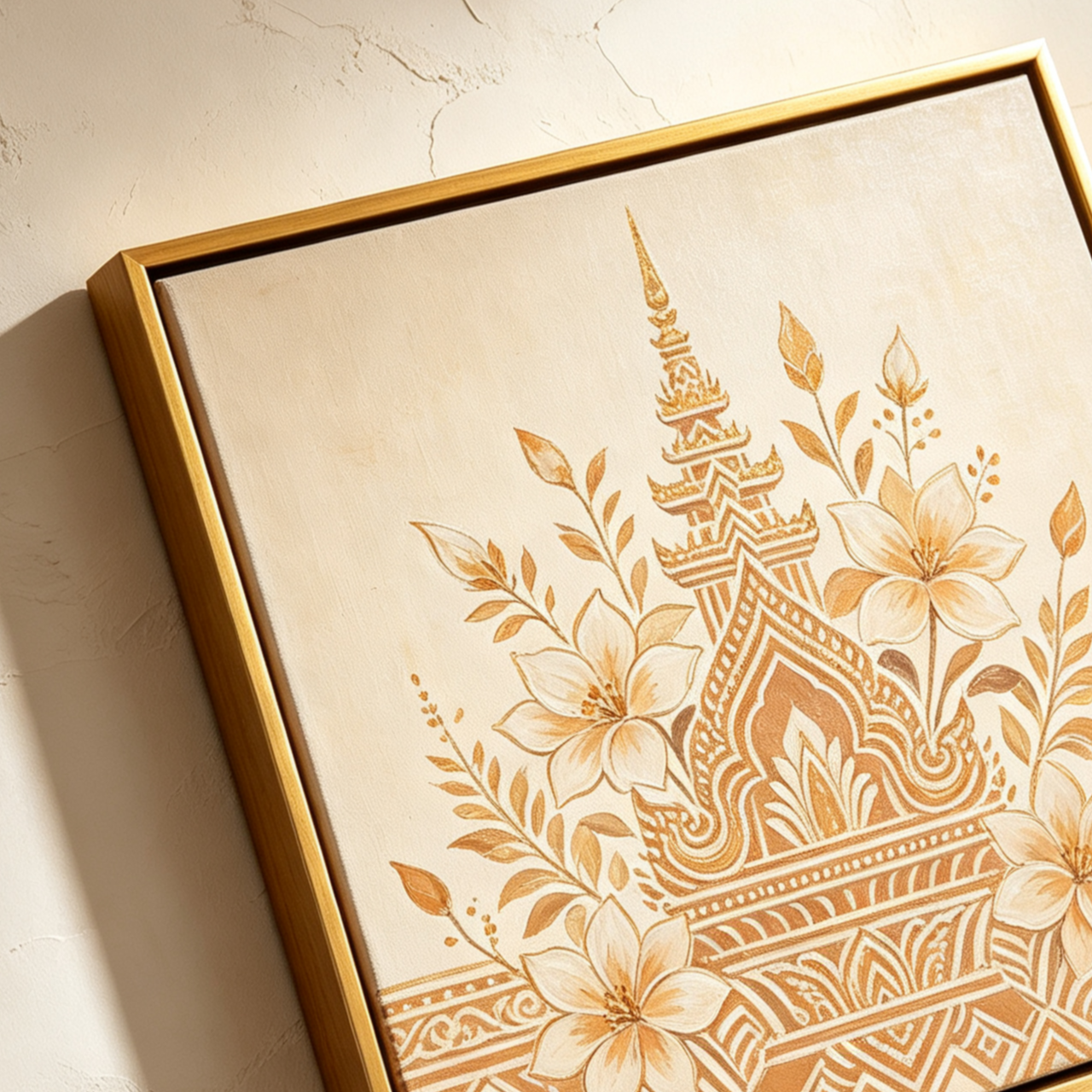 ภาพวาดตกแต่งทรงสี่เหลี่ยมลายดอกไม้สไตล์ไทย (3 ชิ้น)
