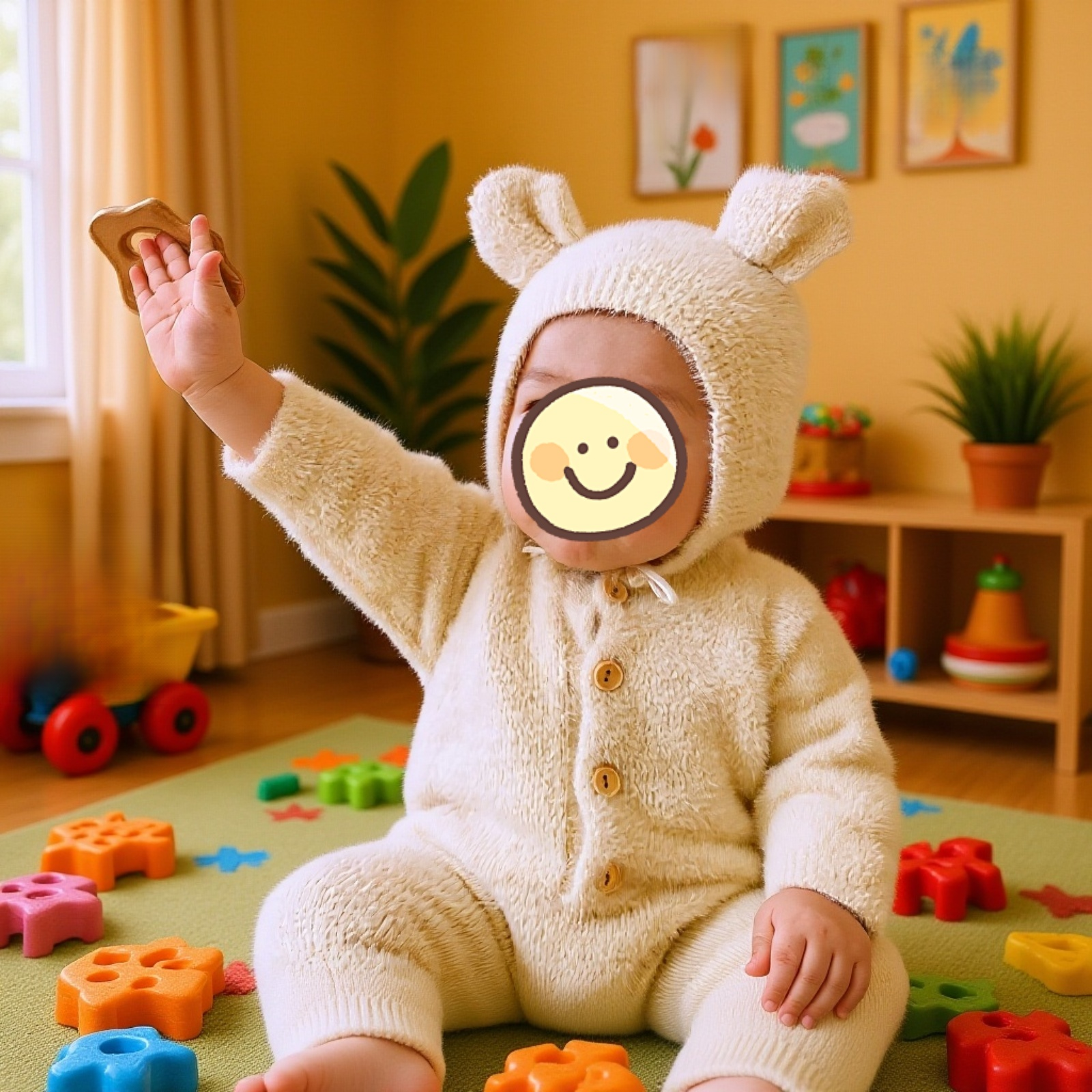 お出かけに可愛いクマ柄ロンパース