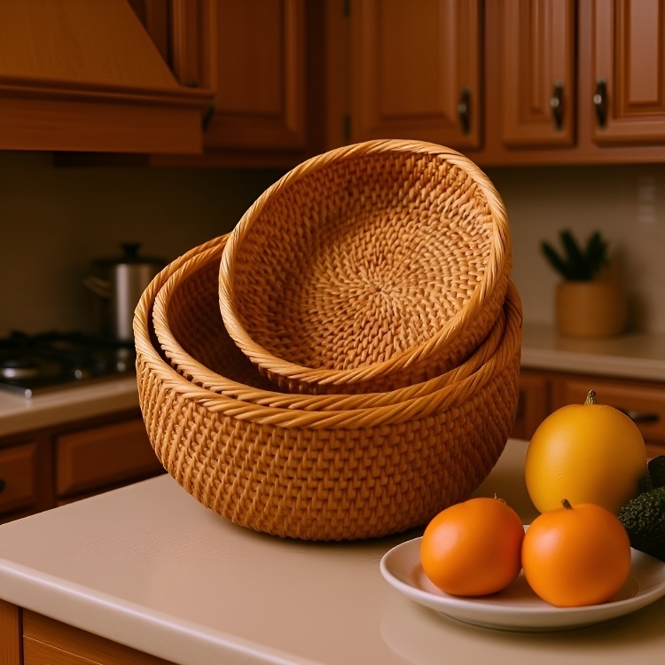 Cesta de pan redonda de ratán para almacenar en la cocina