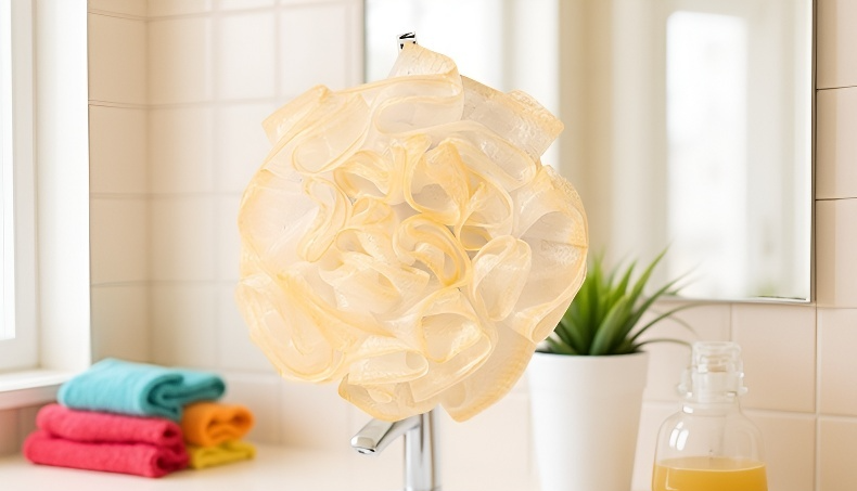 清潔感あふれるソープバススポンジのアップ画像