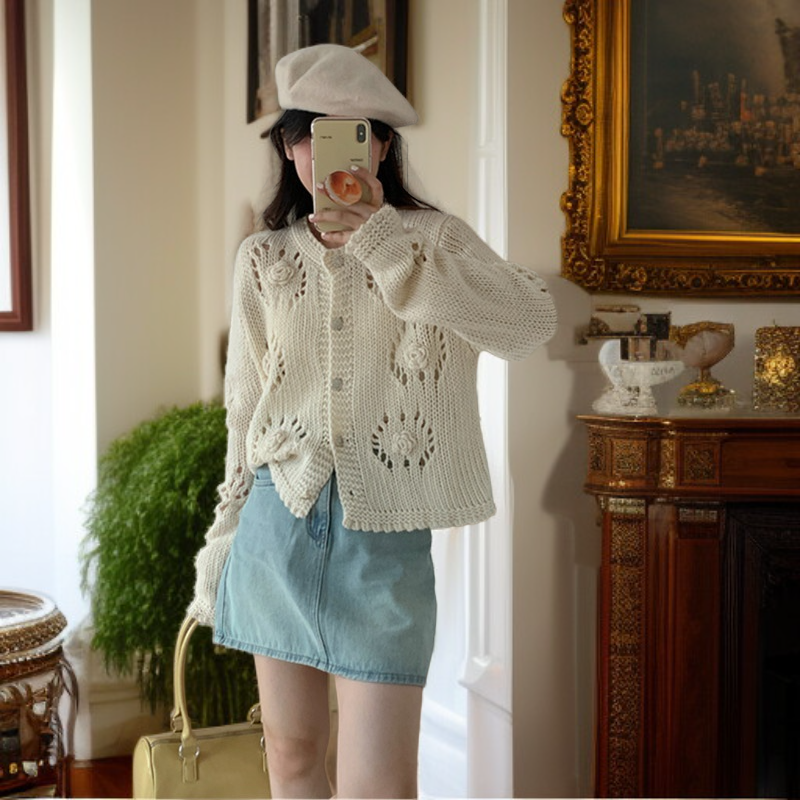 韓国風秋の三色ショートラウンドニット女性無地カーディガンコート