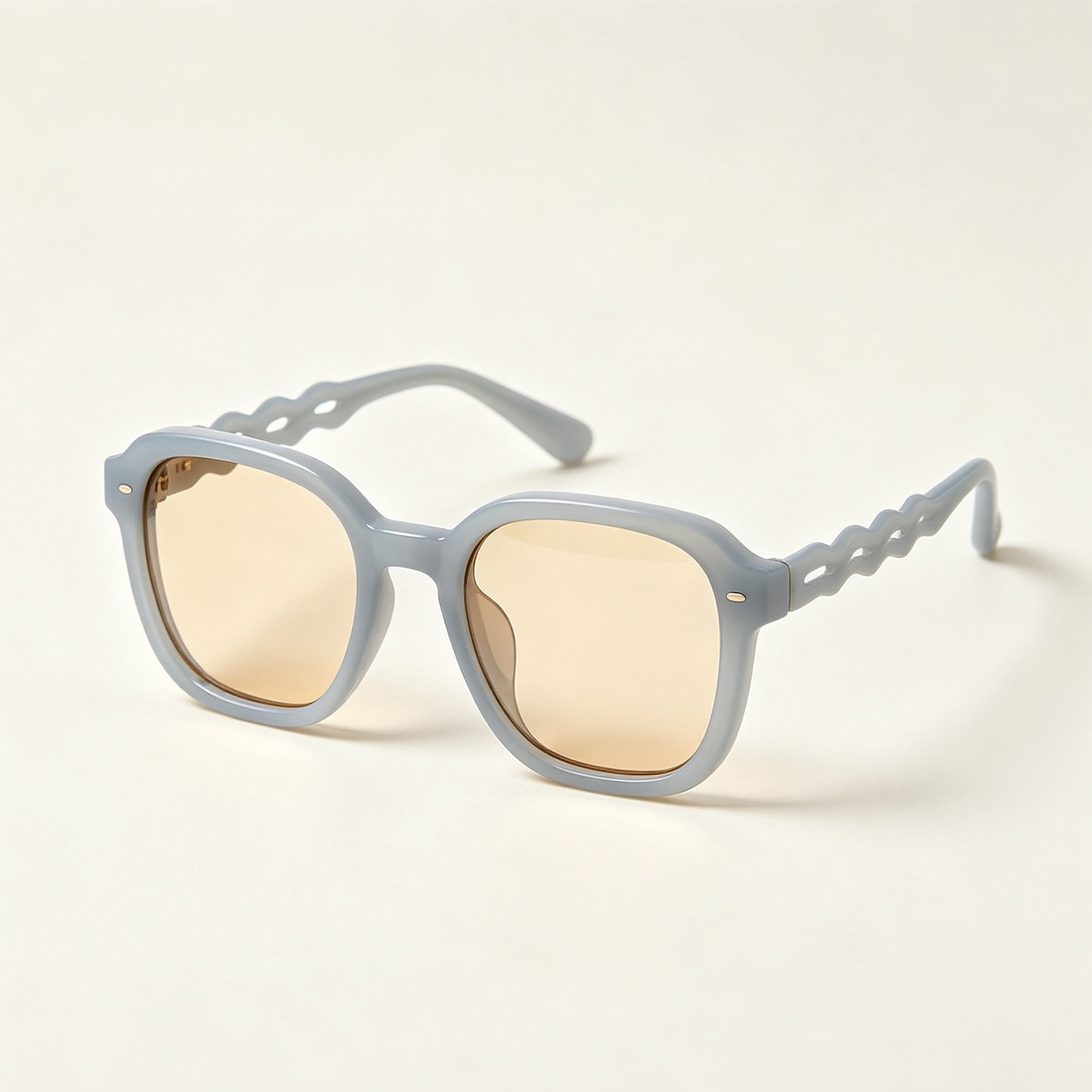 Front view of light blue wavy square-framed sunglasses