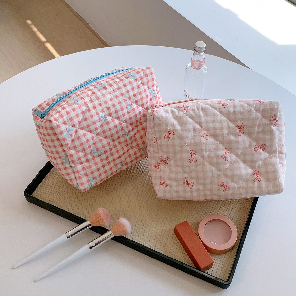 체크무늬 리본 수납 파우치