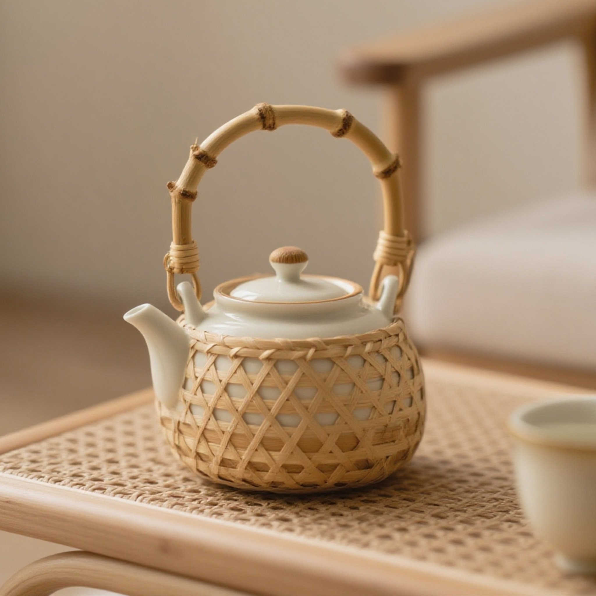 ชุดน้ำชาเซรามิกพร้อมถาดไม้ไผ่ธรรมชาติ