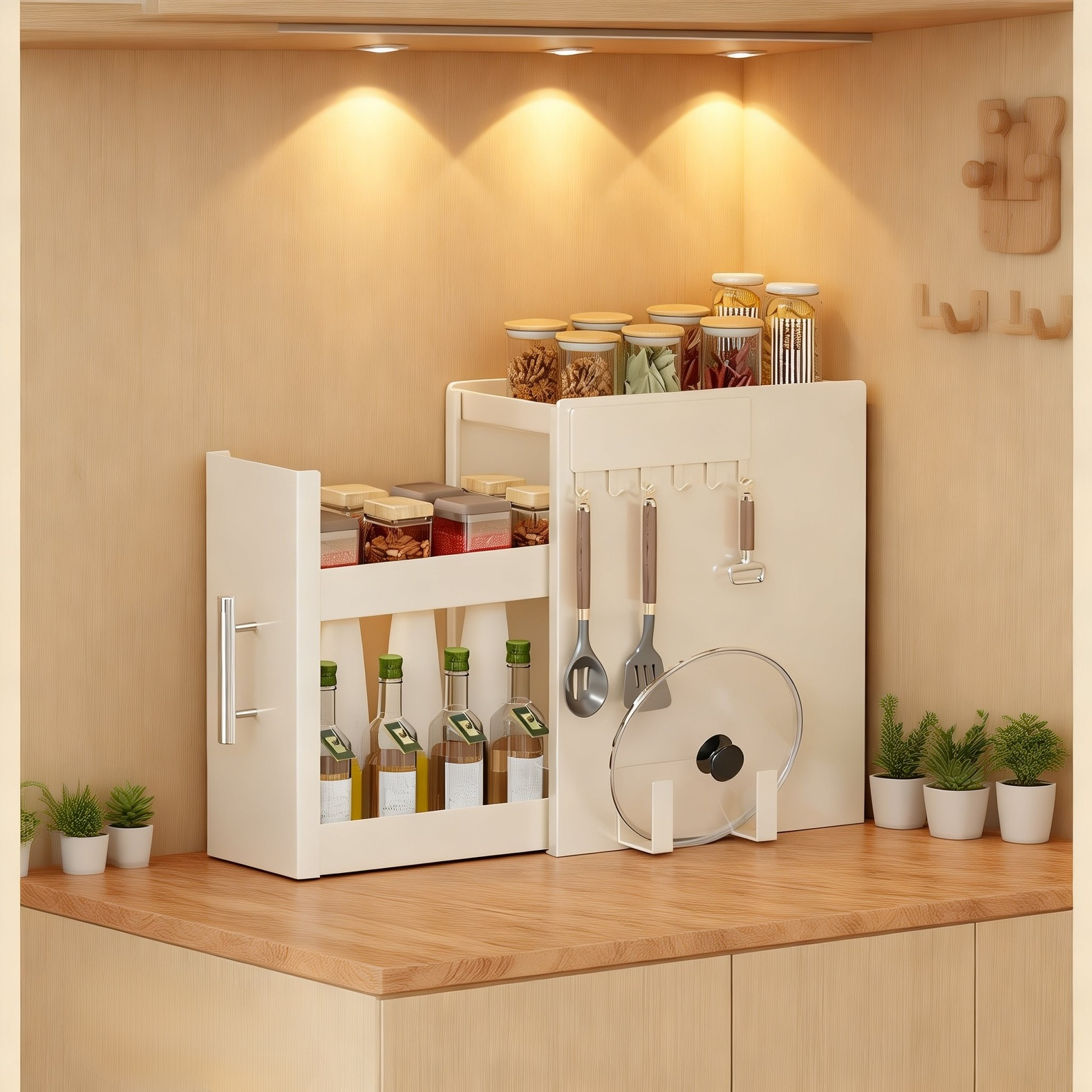 Staubgeschütztes, schmales Küchenregal aus Eisen mit Ausziehfunktion für Gewürze