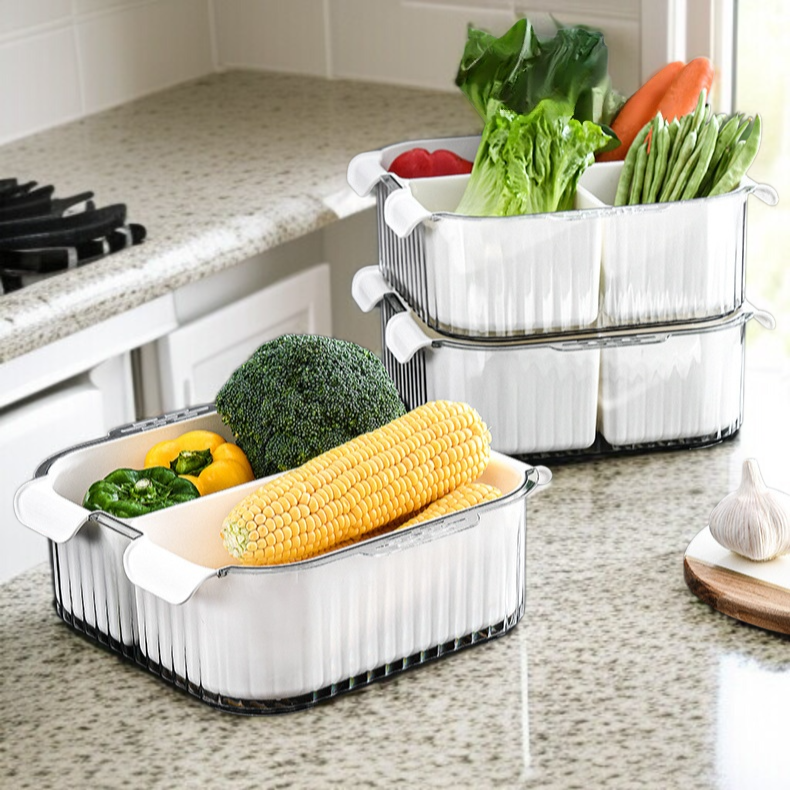 Home Kitchen Doppellagige Obst und Gemüsewaschschüssel Kompartimentierte Abtropfkorbplatte Gemüsekor