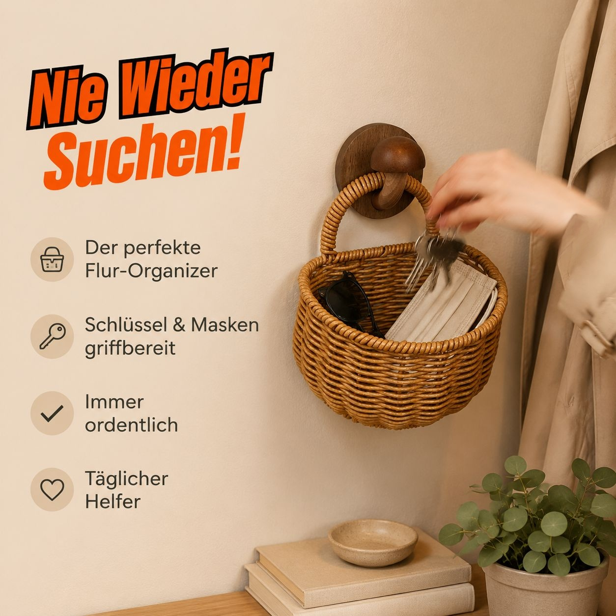 Wandhängender Rattan-Optik Aufbewahrungskorb, Kleiner Korb für Gemüse und Obst