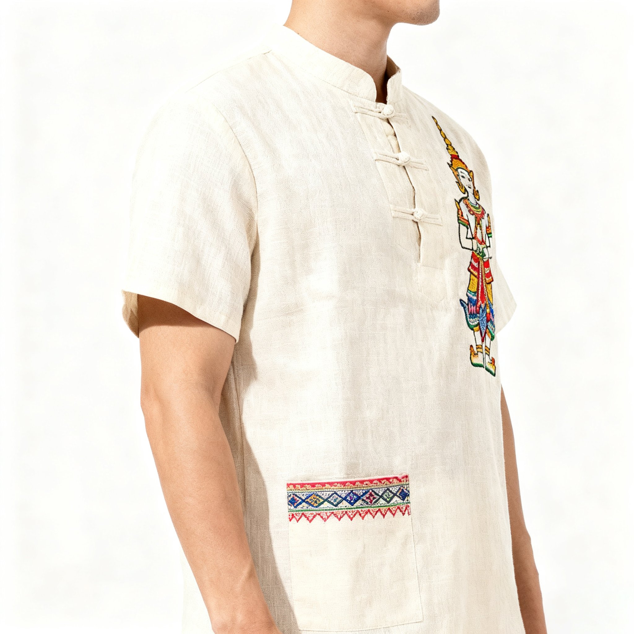 รายละเอียดลายปักพระพุทธรูปบนเสื้อยืด