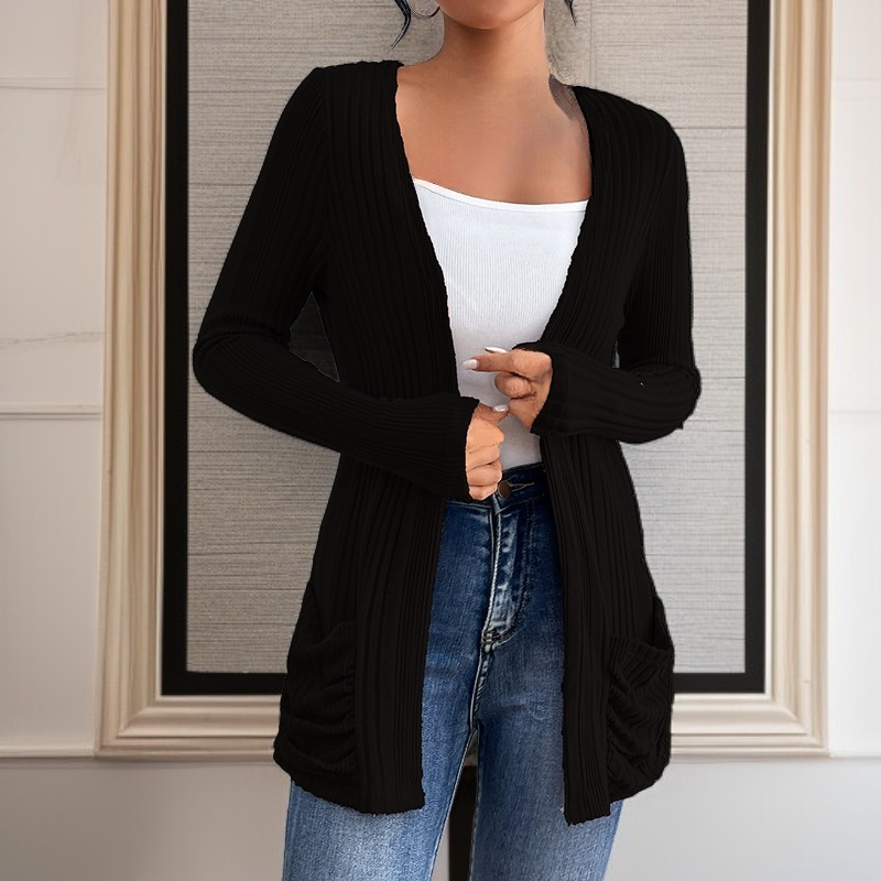 Einfarbige Strickjacke mit langen Ärmeln und mittlerer Länge