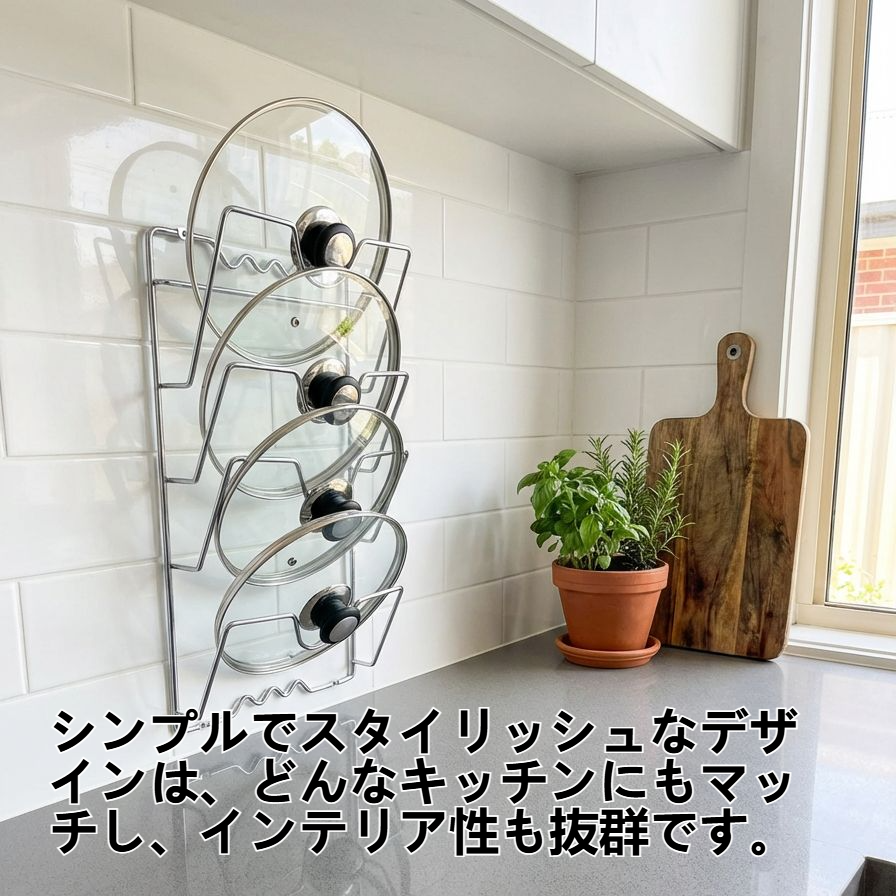 壁に取り付けた鍋蓋ラックと鍋蓋