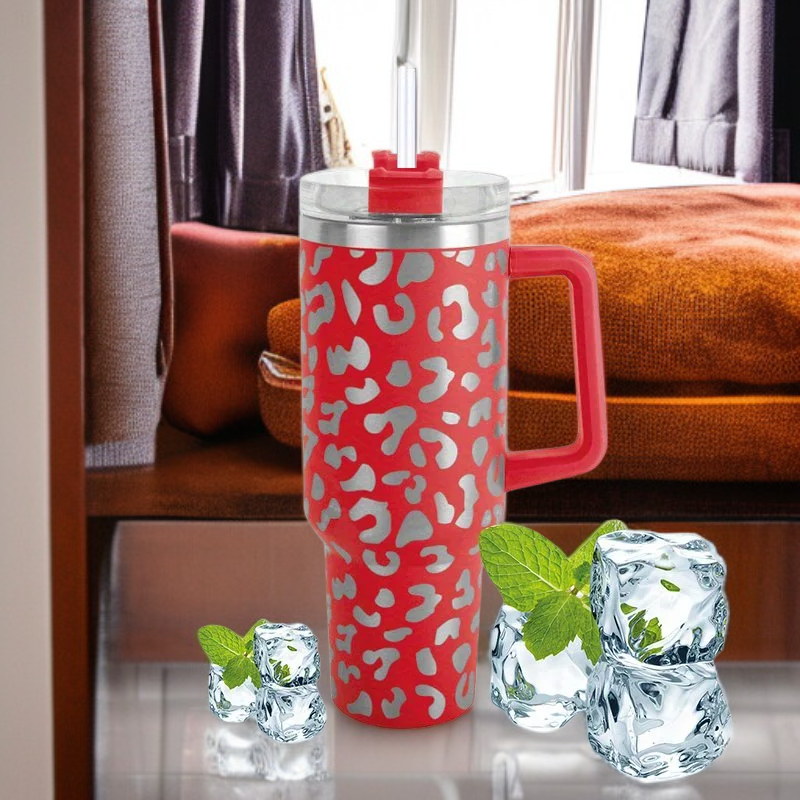 كوب ماء معزول من الفولاذ المقاوم للصدأ بسعة كبيرة، تصميم عصري بطبعة الفهد، هدية مثالية لعيد الميلاد