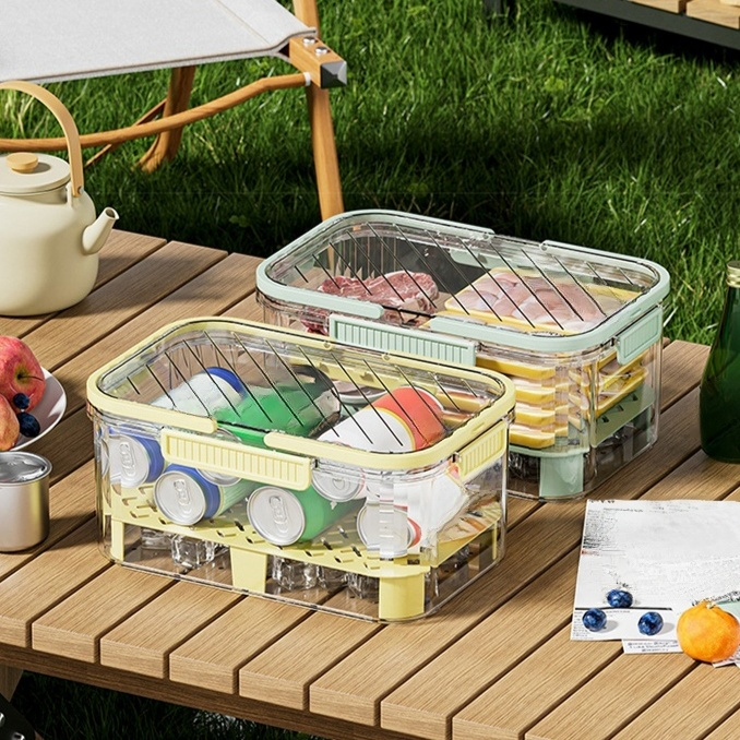 手提便攜大容量保鮮盒 冰箱塑膠便當盒 戶外野餐收納籃