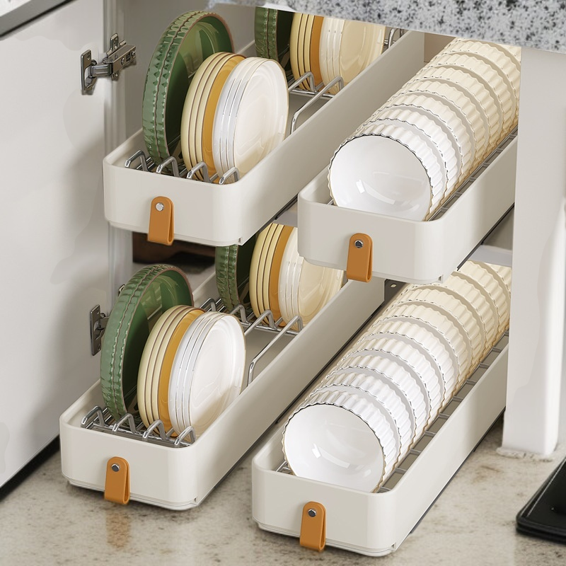 Armario estrecho de cocina con cesta extraíble y estante para platos