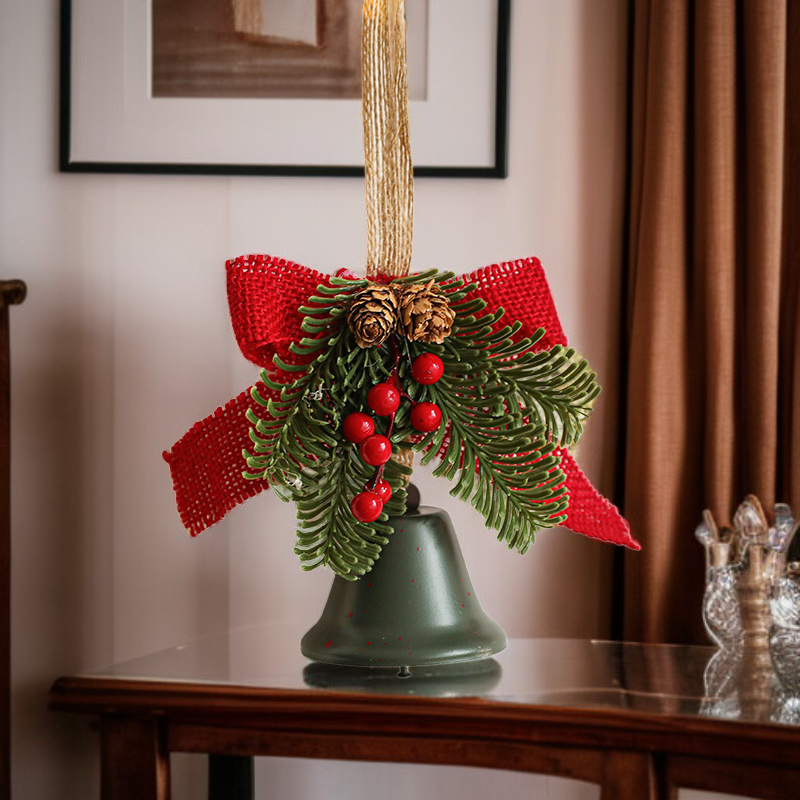 Metal Christmas Bell Ornament with Bow, Pine Needles, and Red Berries for Door 