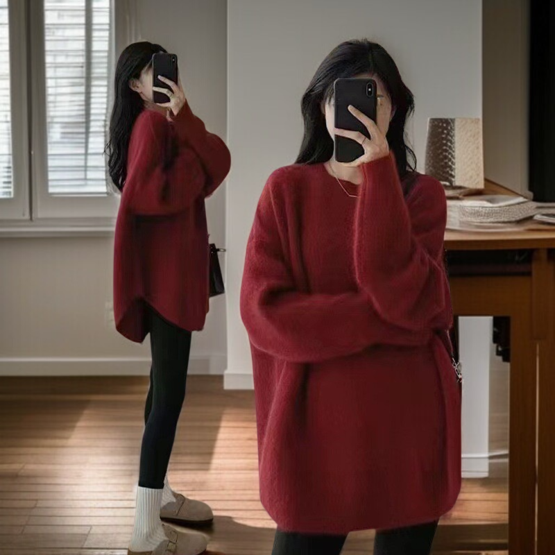 ニット セーター レディース 冬 長袖 ラウンドネック モヘア プラッシュ 暖かい セーター レディース 2024 秋冬 ソリッドカラー 多用途 ソフト ワックス状 高品質 アウター ニット ボトム 