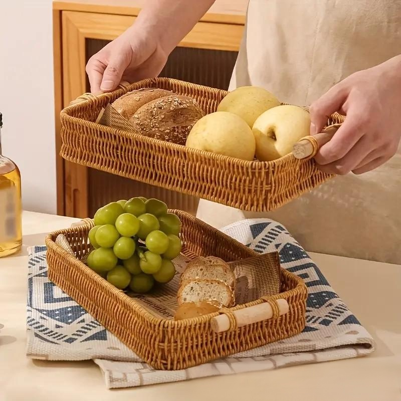 籐編み両手取っ手付きトレイ