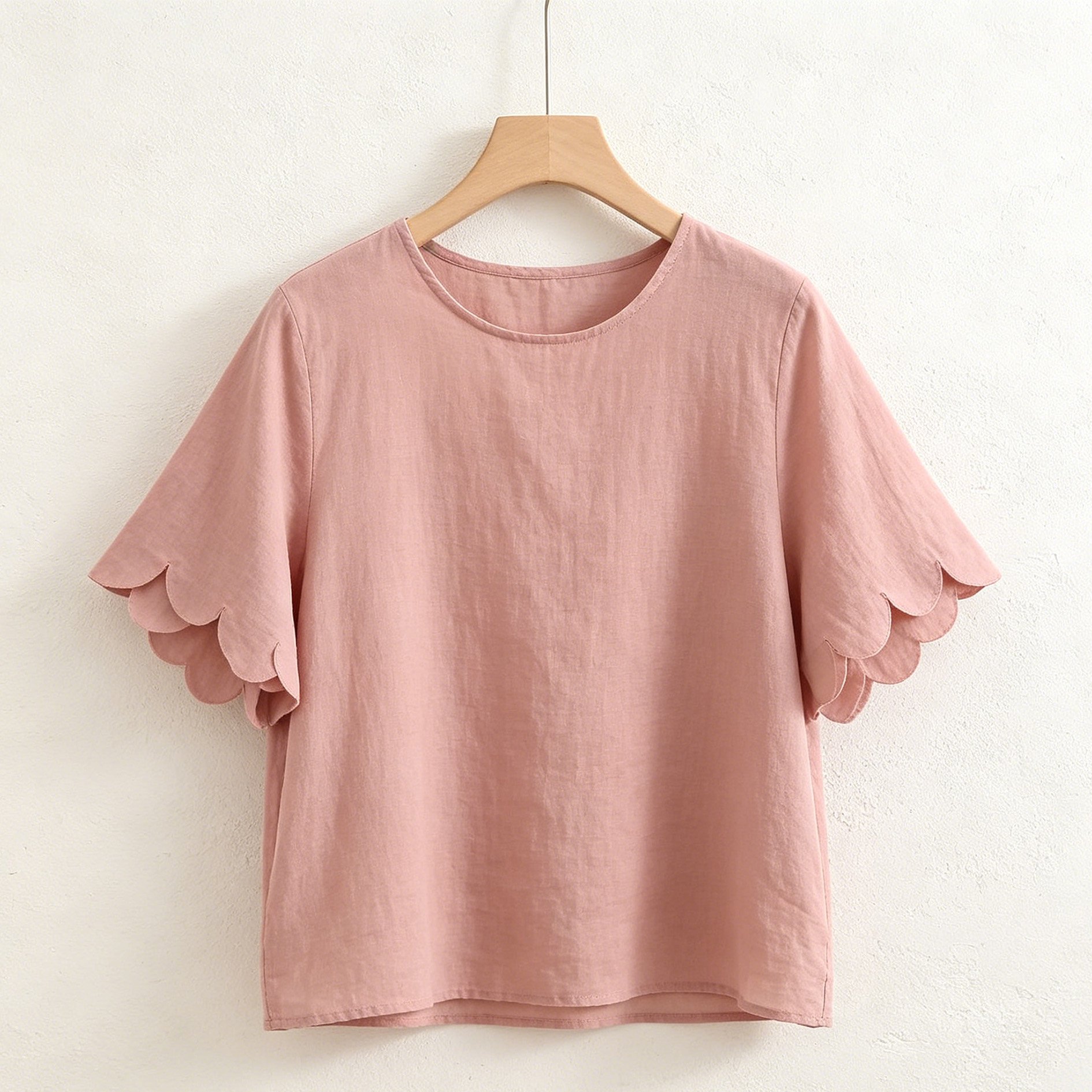 꽃잎 소매 포인트 여성 반팔 티셔츠