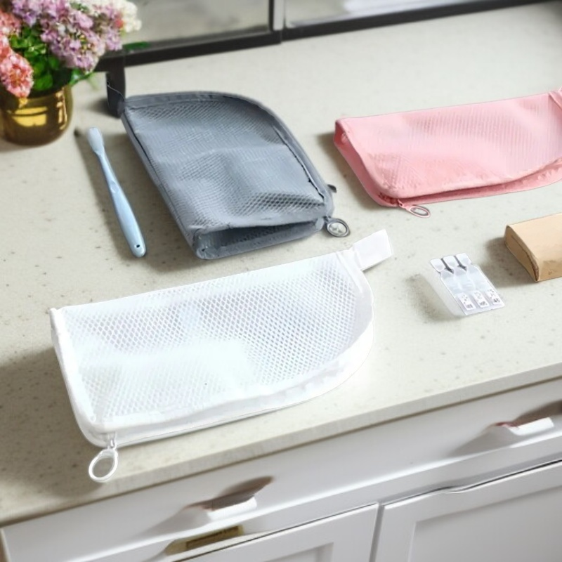 旅行用化粧ポーチ、バスルーム用歯ブラシ収納メッシュバッグ、携帯用美容＆歯磨き粉収納