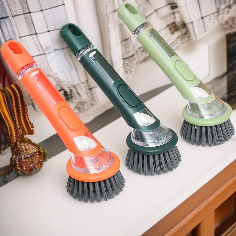 Hand-cleaning, automatic liquid-dispensing long-handled pot brush set