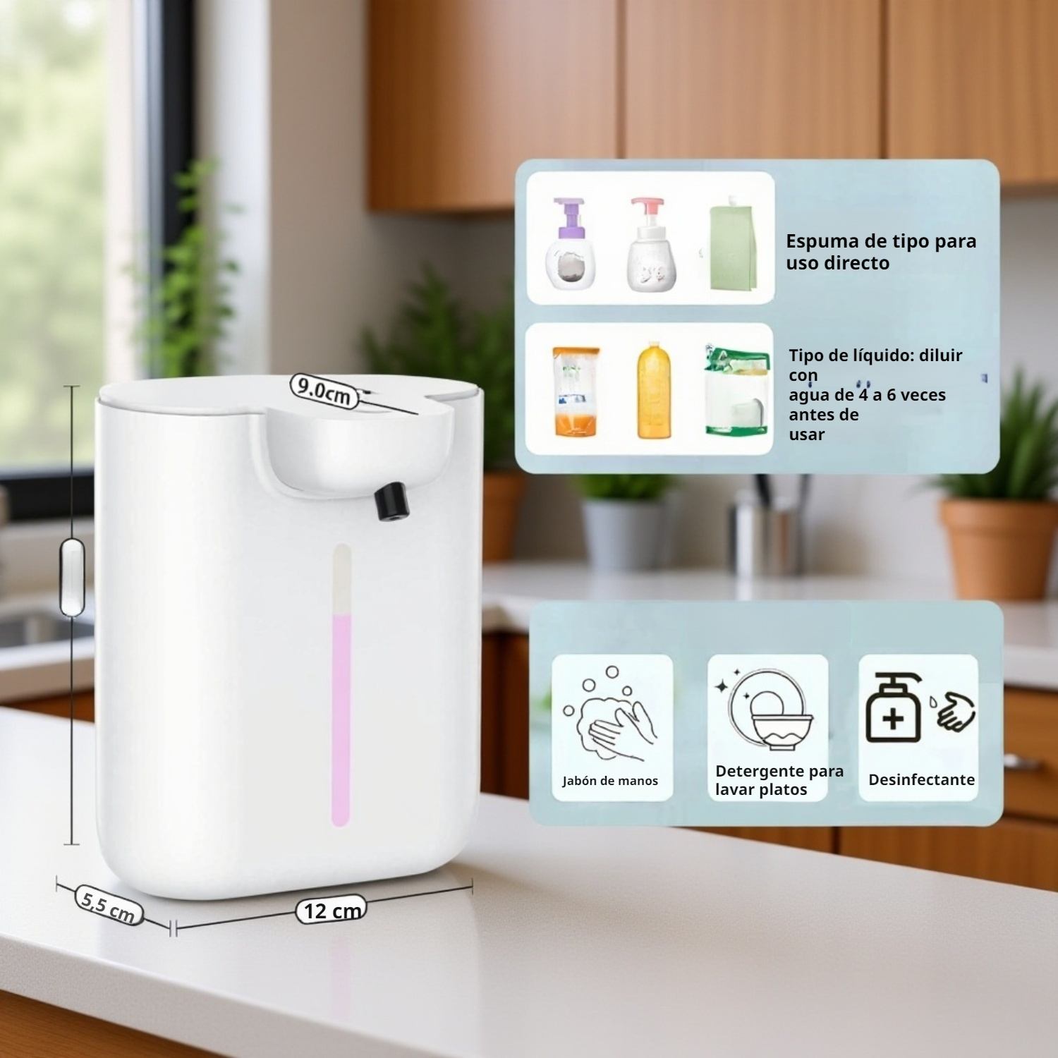 Dispensador de jabón generando espuma ajustable para manos