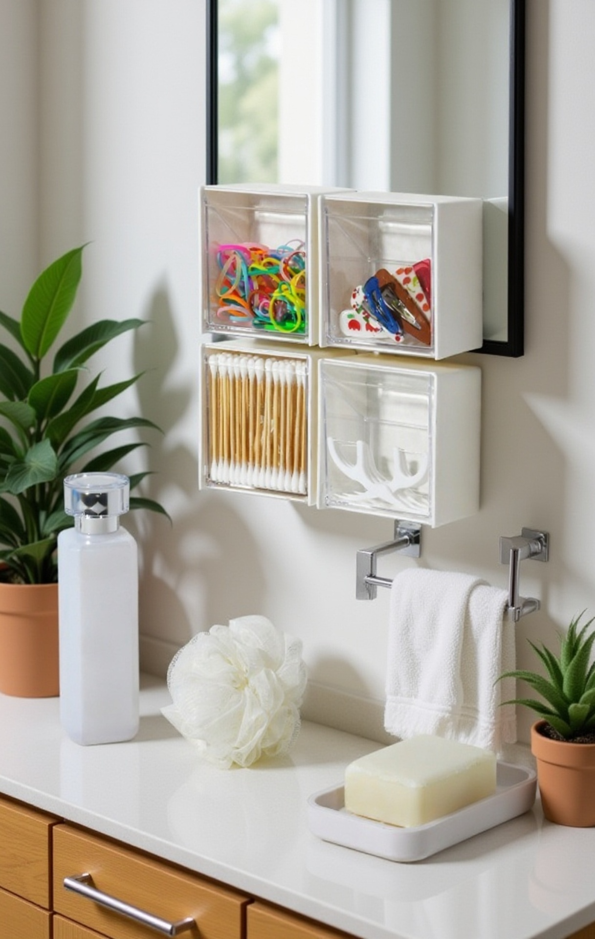 벽에 설치된 벽걸이 수납함 활용 예시