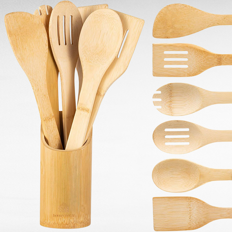 5-teiliges Küchenwerkzeug-Set aus Bio-Bambus mit Halter