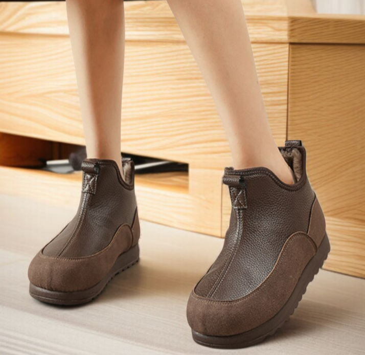 중장년층 융털 도톰한 둥근 머리 보온 소프트 가죽 겨울 앵클 부츠 플랫 미끄럼 방지 둥근 머리 스노 부츠