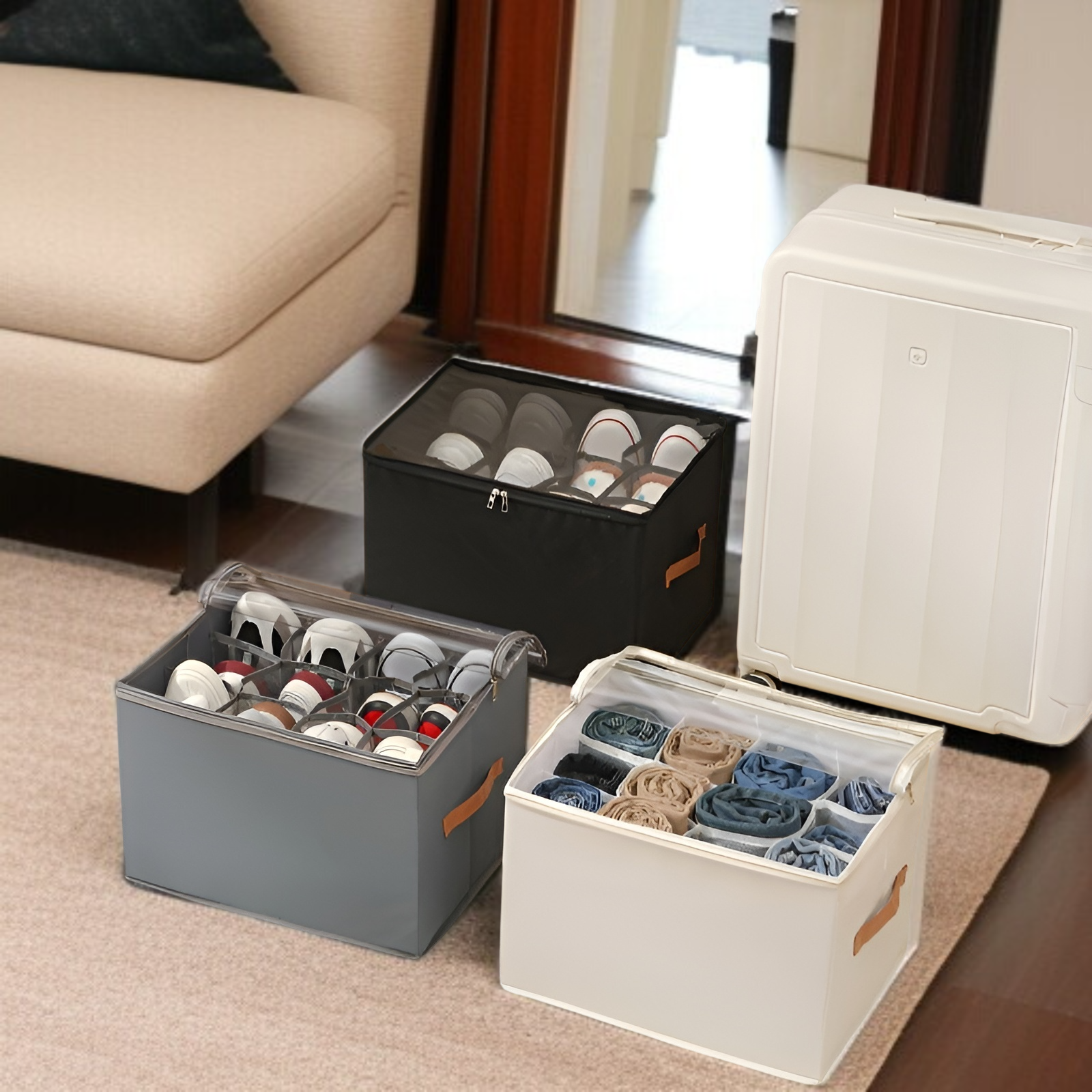 靴収納ボックス 折りたたみ式カバー付き 見える靴箱 多機能 仕切り付き 衣類 雑貨 収納ボックス