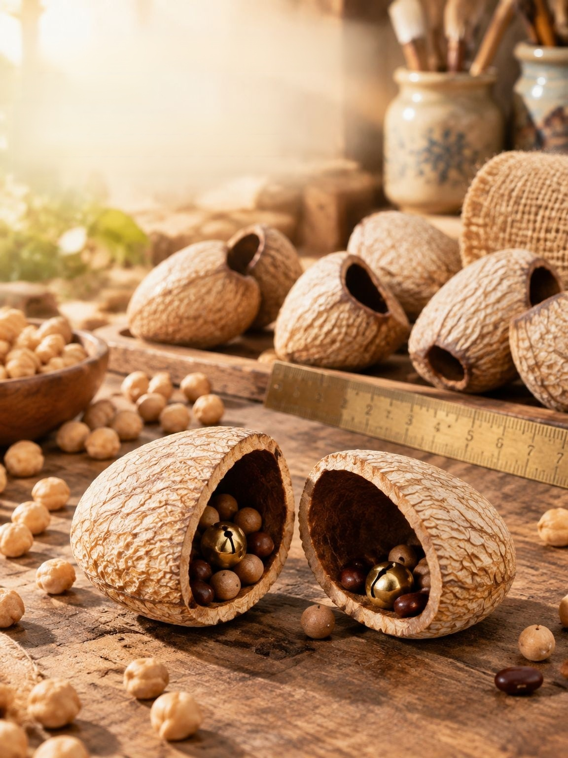 Natural shell pieces for making a bean pod doll