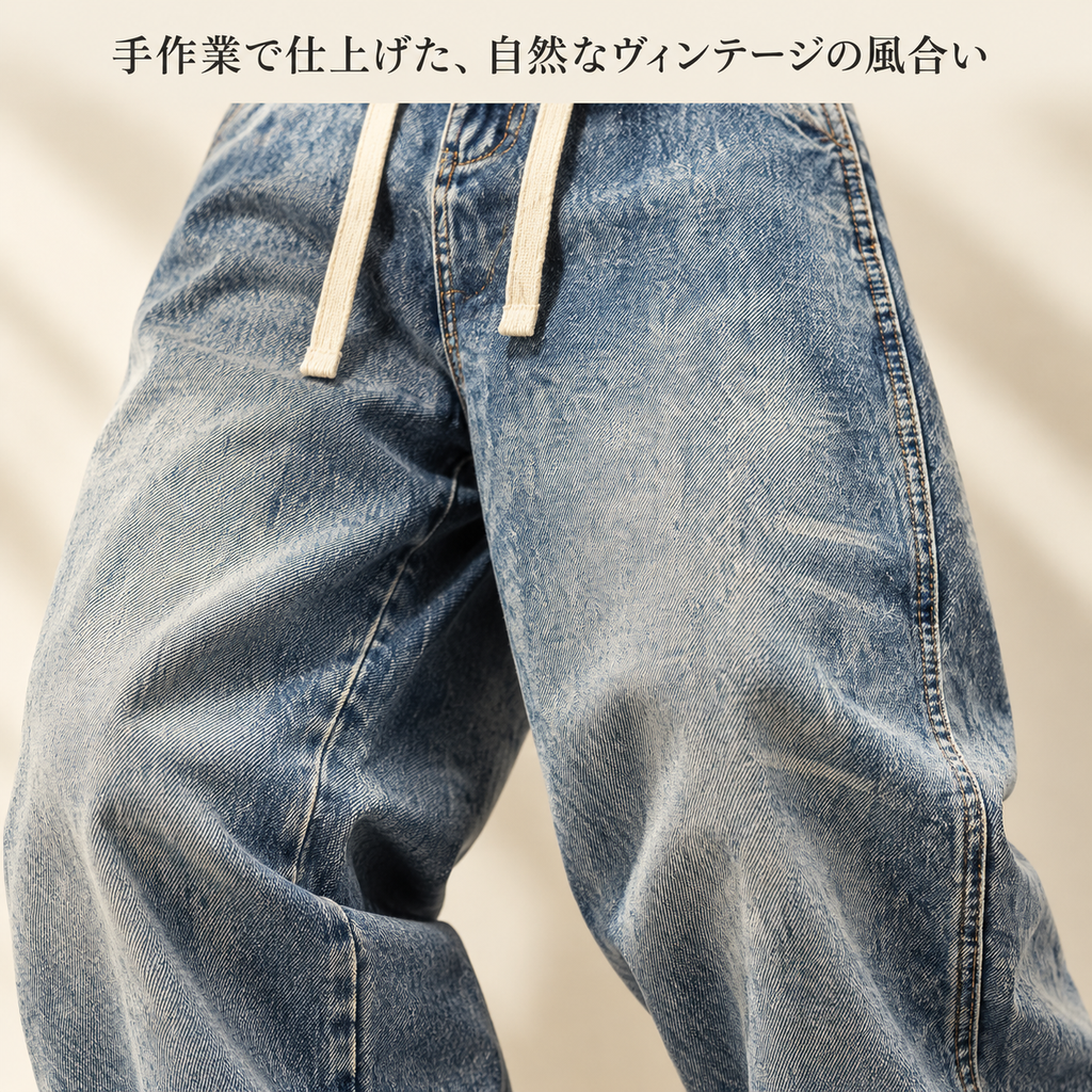 春秋メンズルーズヴィンテージ加工ジーンズ