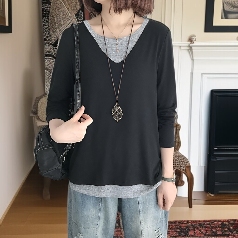 レディース秋長袖Tシャツ、秋パッチワークフェイクツーピースセット、新韓国スタイルカジュアルシックトップス、Tシャツベースレイヤー