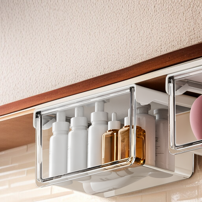 33°の傾斜角度で出し入れしやすいテーブル下収納ボックス。シンプルで透明な引き出し式で、オフィス、トイレ、洗面台、バスルームなどに最適な防水収納ボックスです。