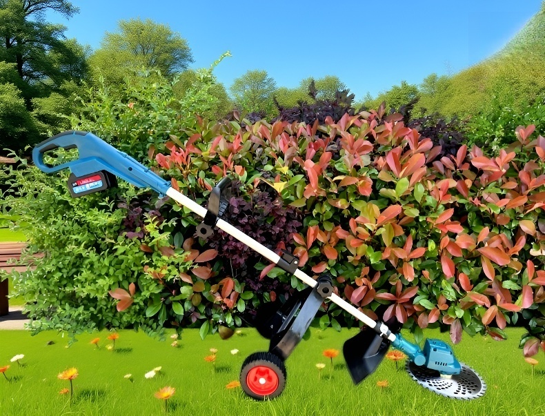 Lightweight cordless weeding machine on flower beds